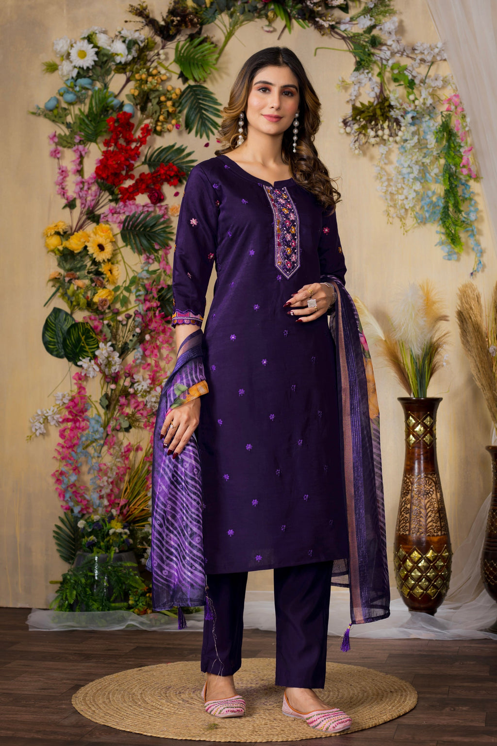 Purple Roman Silk Embroidered Kurta Pant and Dupatta Set