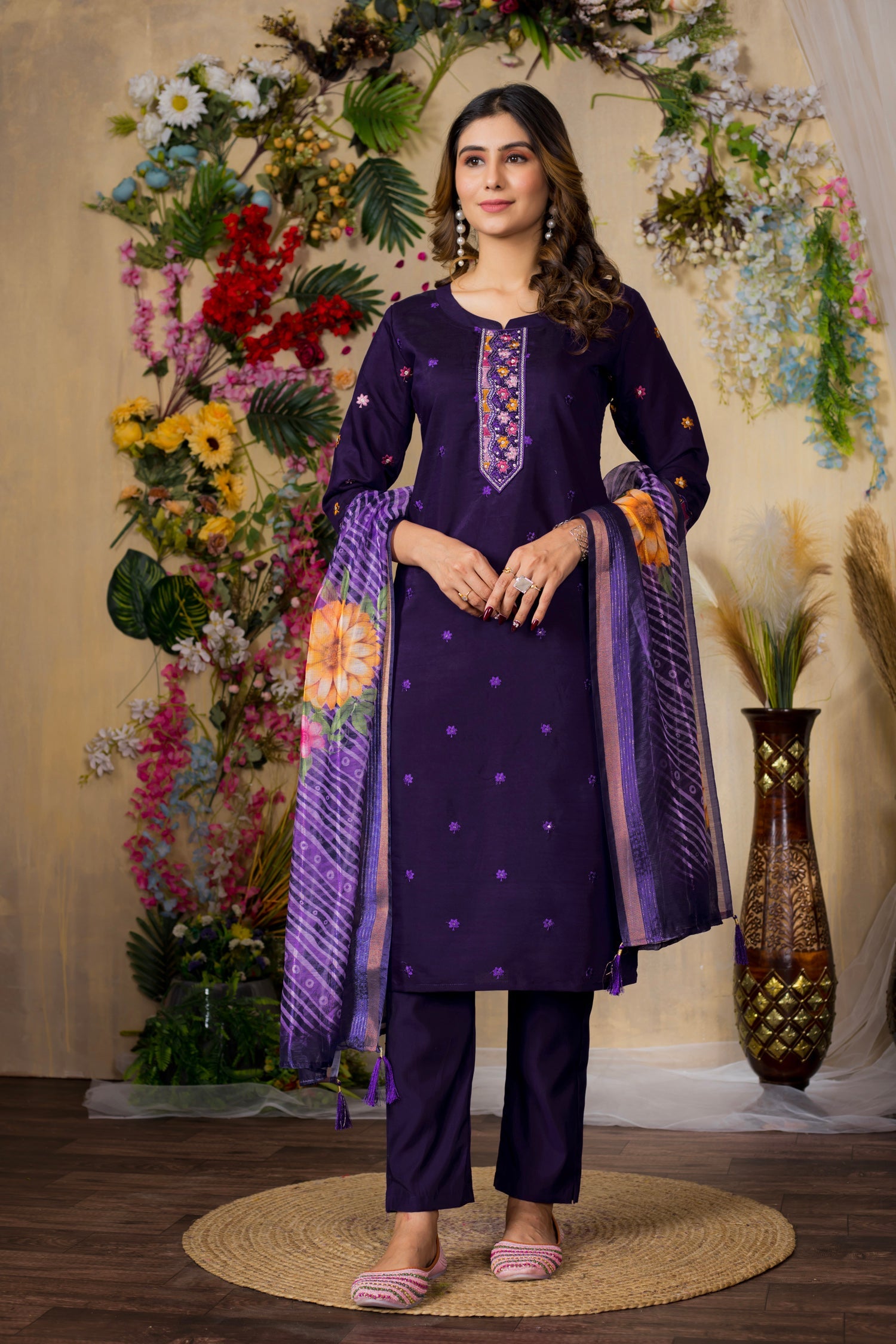 Purple Roman Silk Embroidered Kurta Pant and Dupatta Set