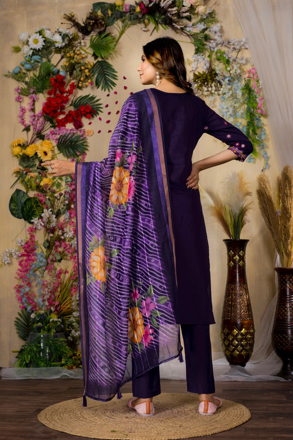 Purple Roman Silk Embroidered Kurta Pant and Dupatta Set