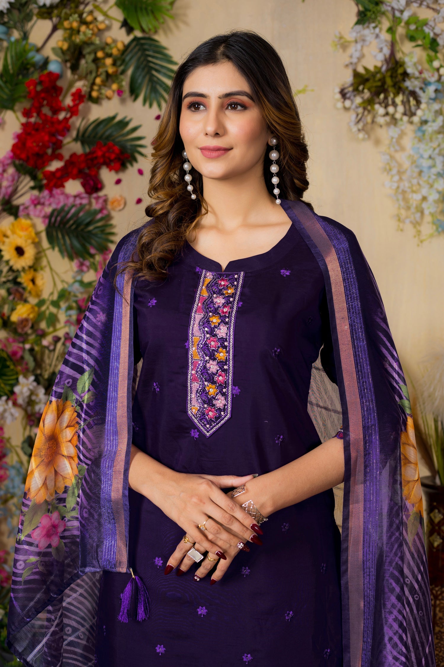 Purple Roman Silk Embroidered Kurta Pant and Dupatta Set