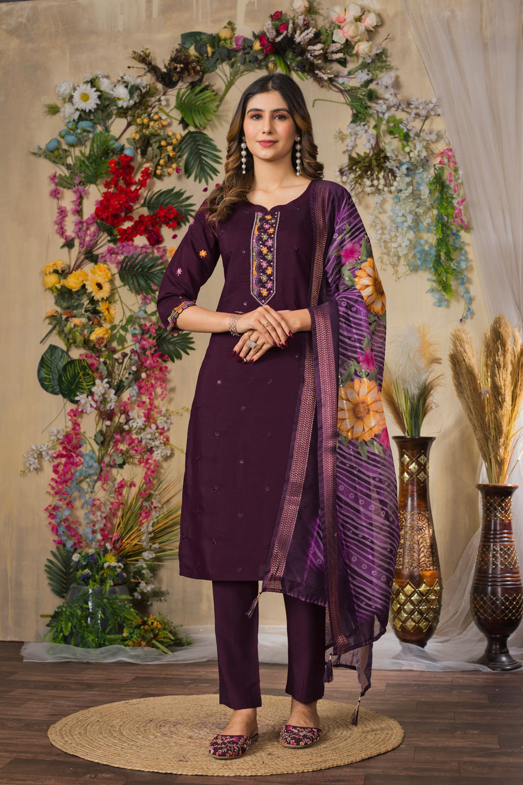 Wine Roman Silk kurta set with multi-color embroidery and matching dupatta