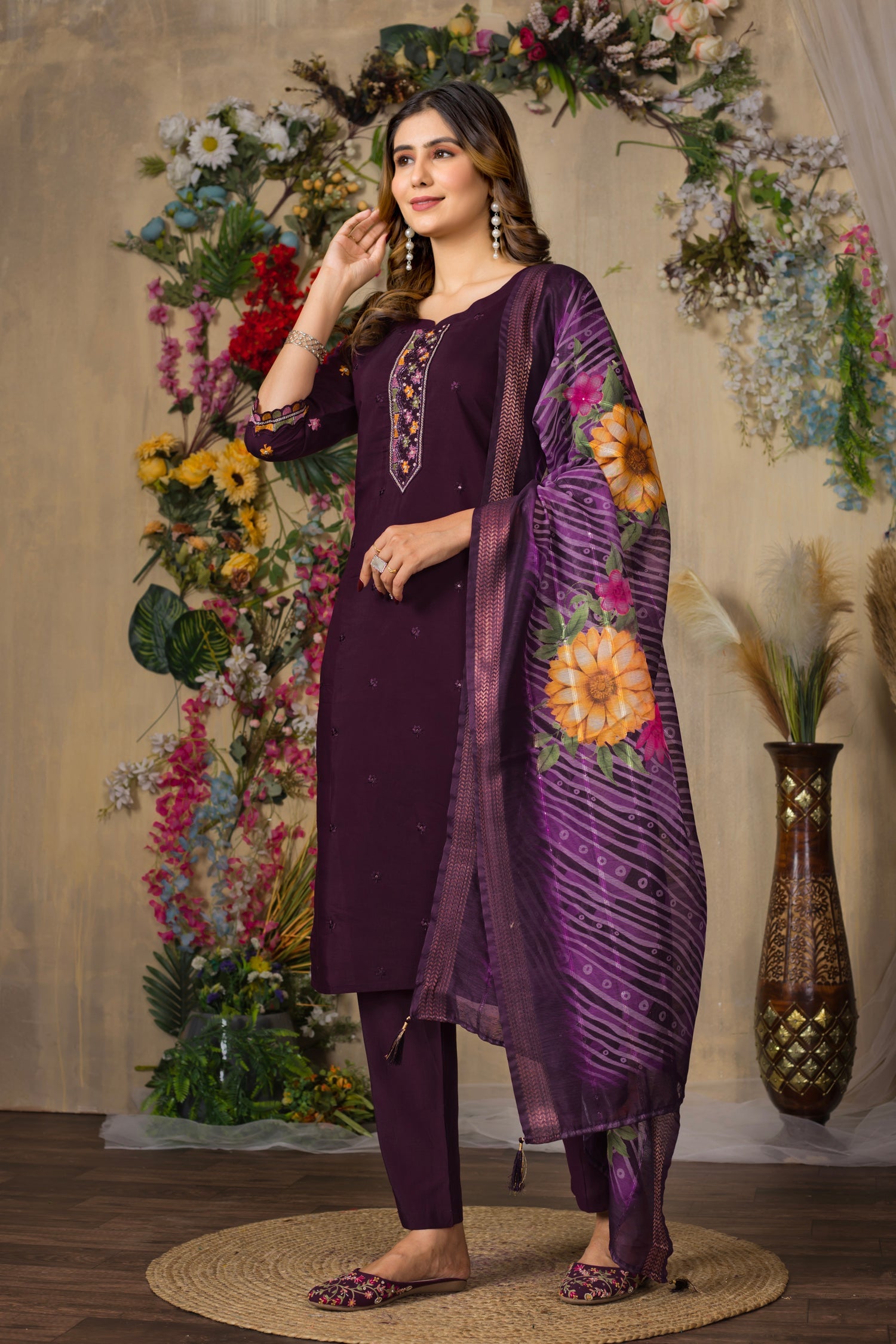 Wine Roman Silk Embroidered Kurta Pant Set with Dupatta