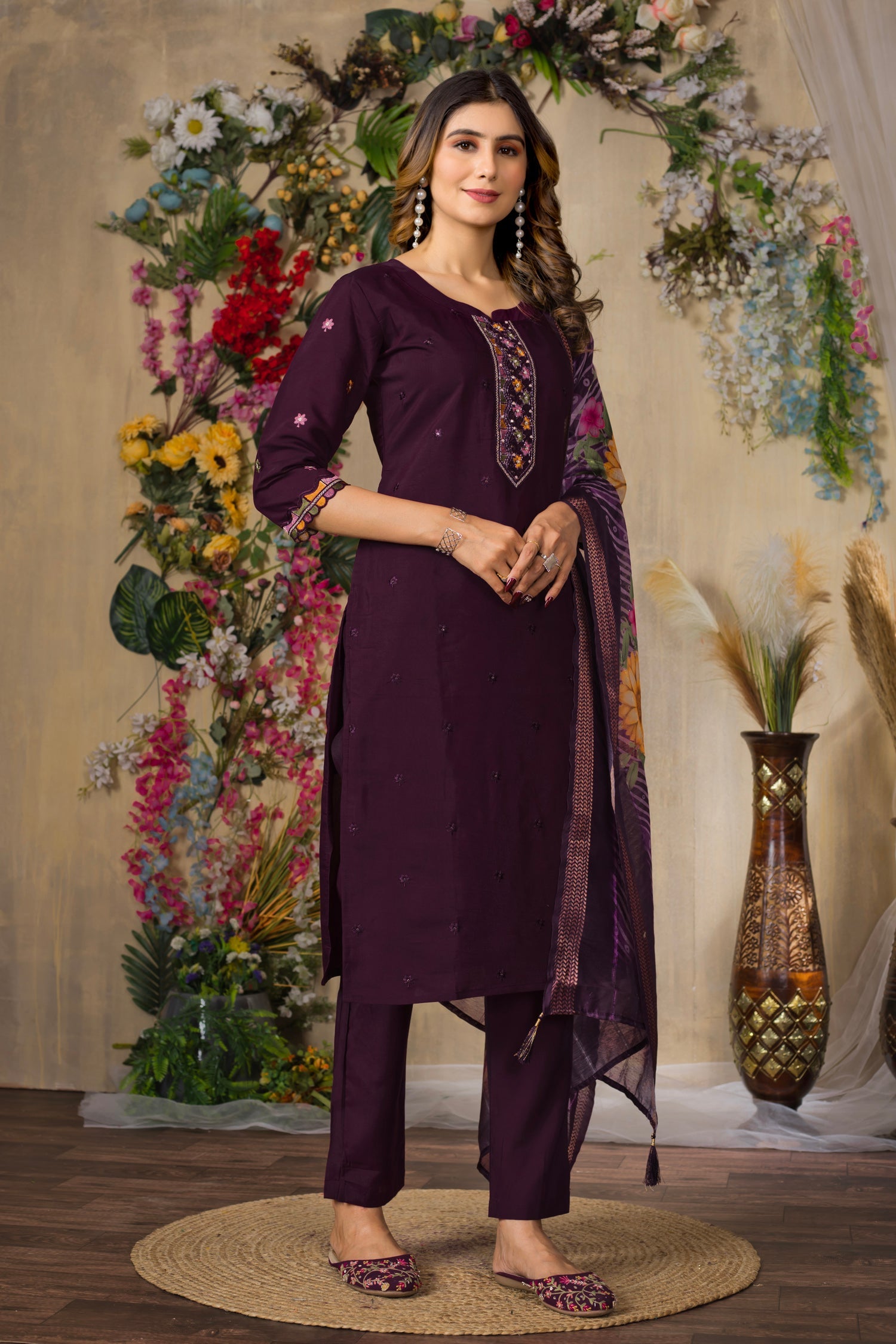 Wine Roman Silk Embroidered Kurta Pant Set with Dupatta