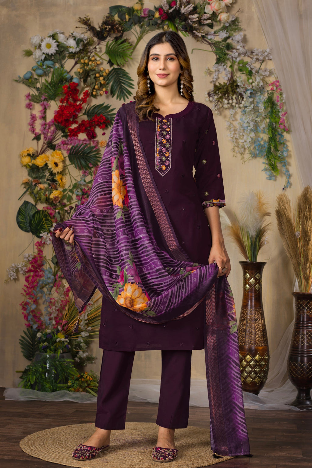 Wine Roman Silk Embroidered Kurta Pant Set with Dupatta
