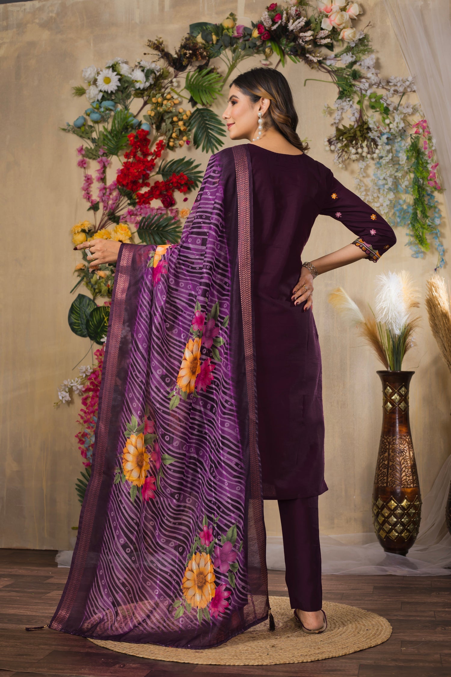 Wine Roman Silk Embroidered Kurta Pant Set with Dupatta