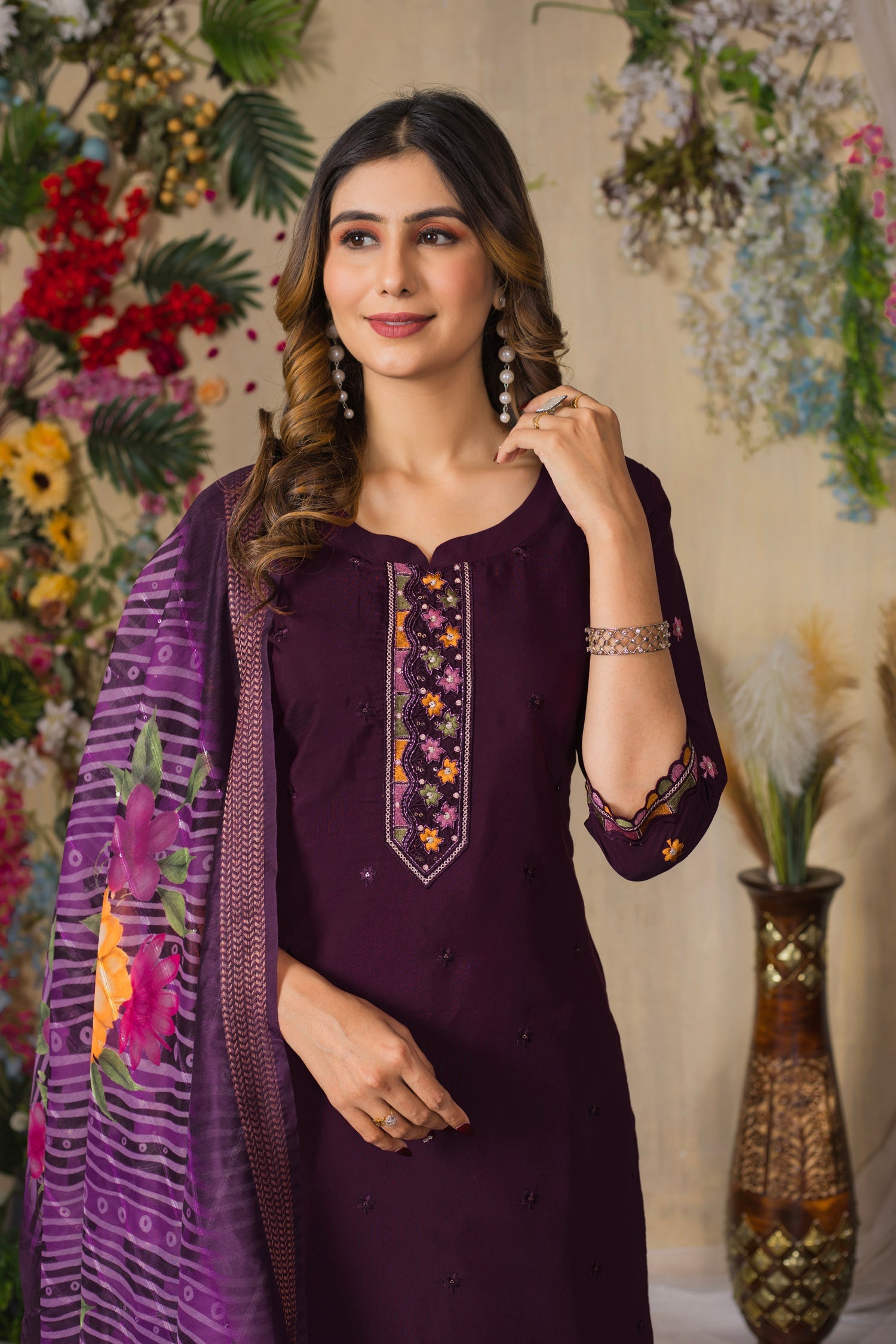 Wine Roman Silk Embroidered Kurta Pant Set with Dupatta