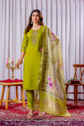 A vibrant parrot green viscose silk kurta set with floral multi-color embroidery, straight pants, and matching dupatta.