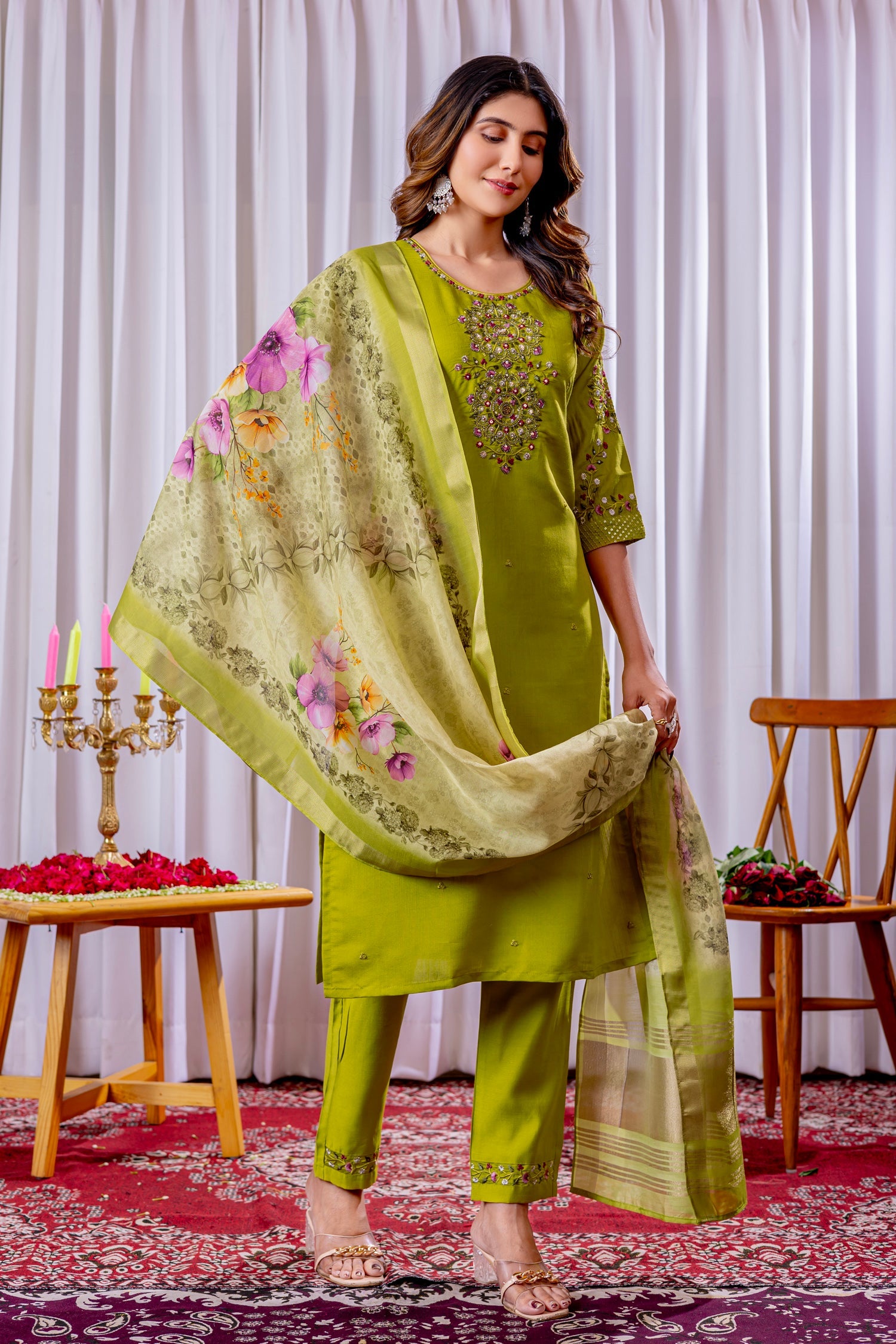 Parrot Green Viscose Silk Embroidered Kurta Pant & Dupatta Set