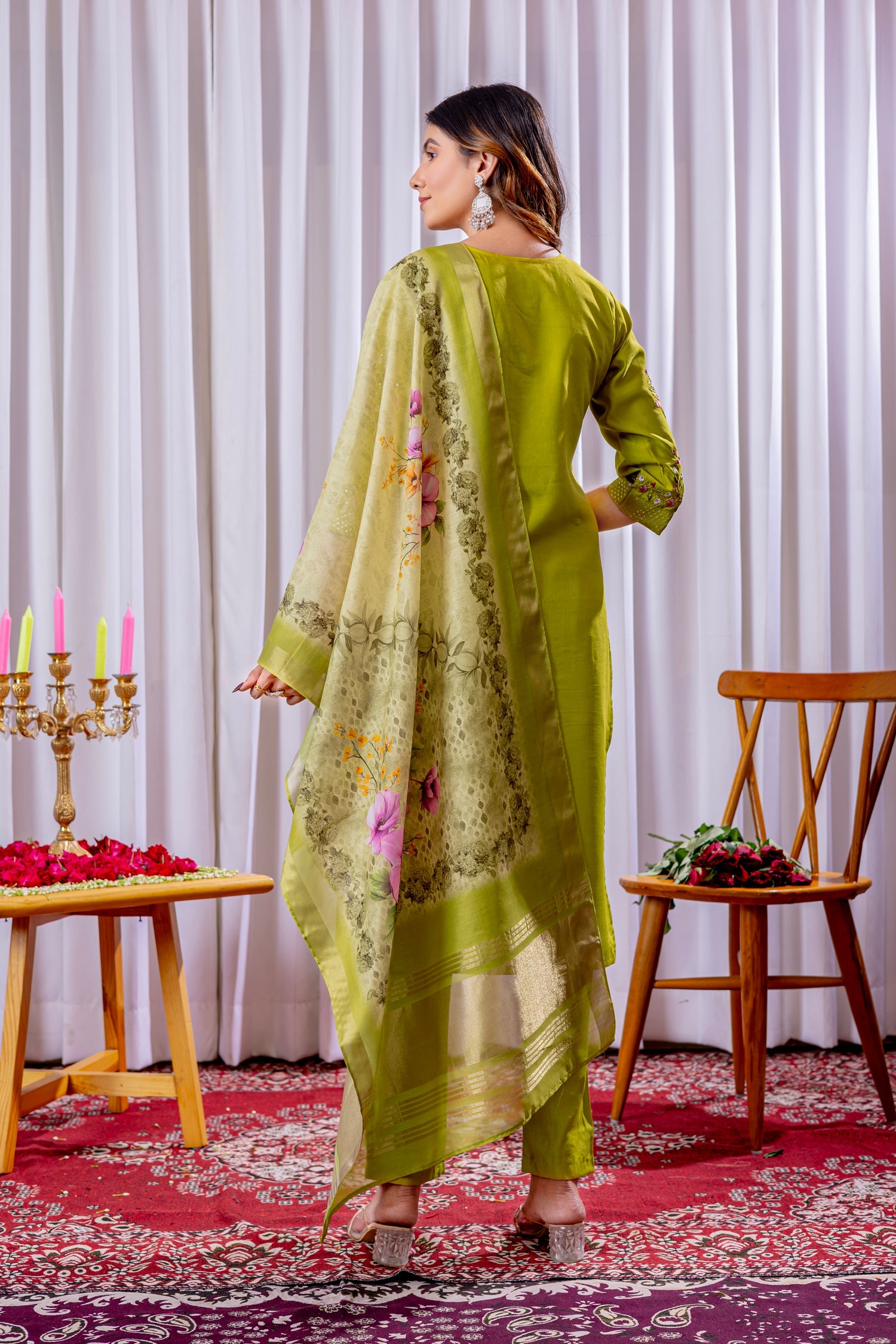 Parrot Green Viscose Silk Embroidered Kurta Pant & Dupatta Set