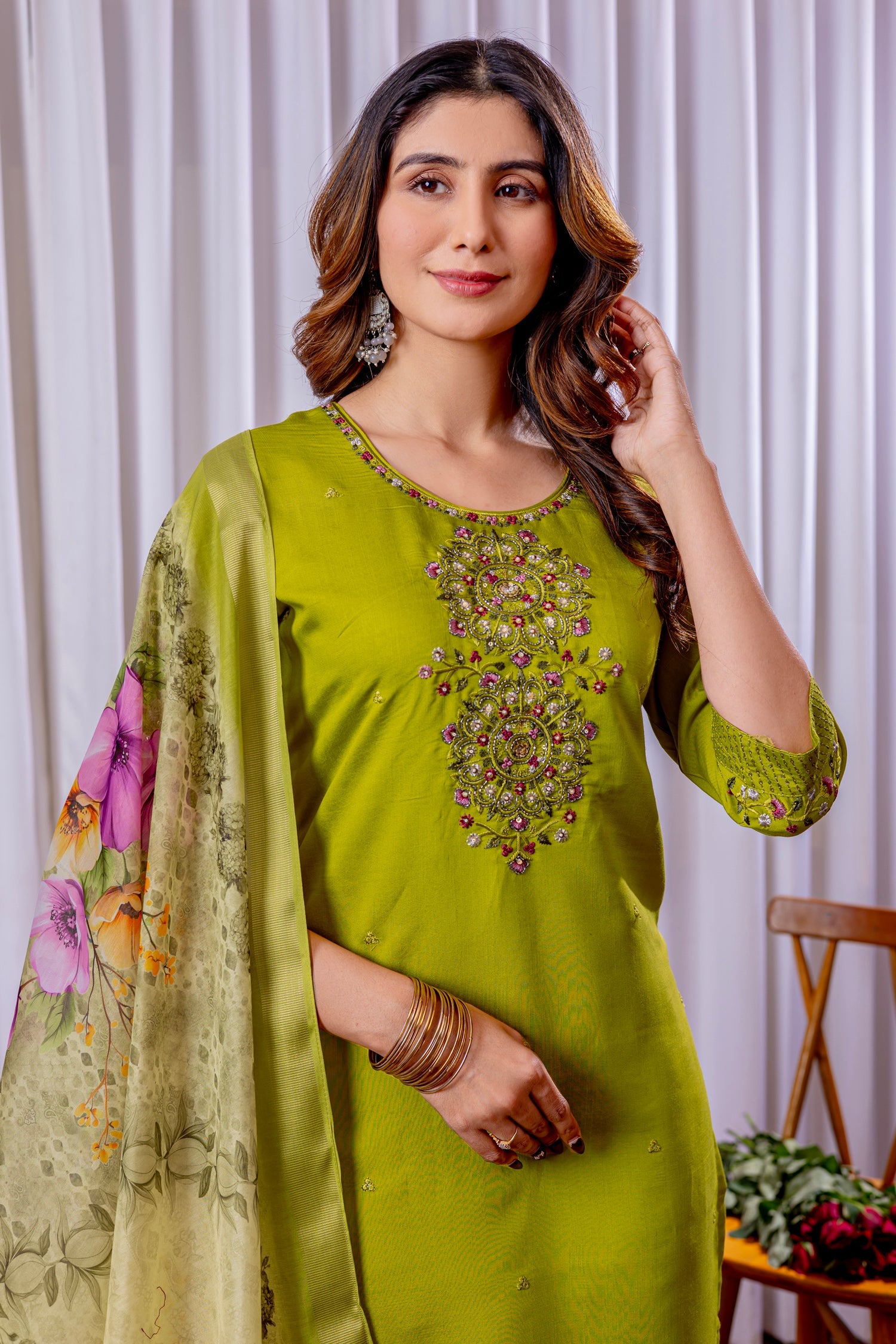 Parrot Green Viscose Silk Embroidered Kurta Pant & Dupatta Set