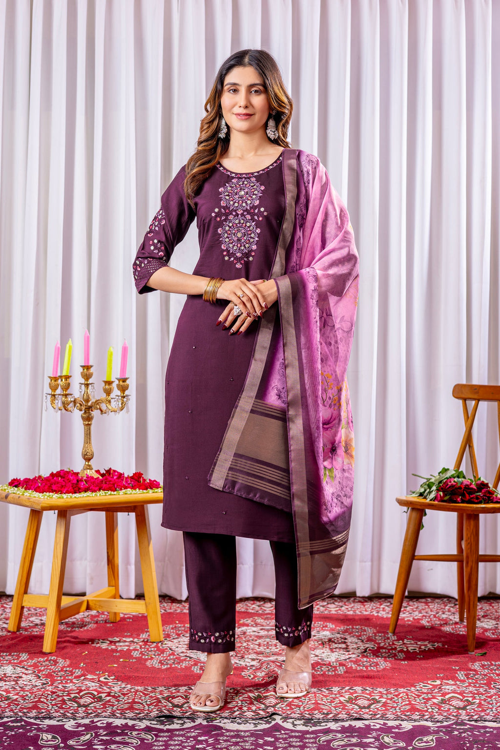 Wine viscose silk embroidered kurta set with matching pants and dupatta