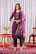 Wine viscose silk embroidered kurta set with matching pants and dupatta