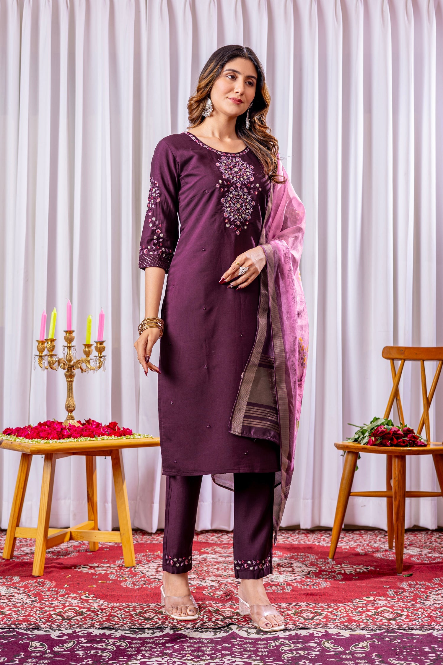 Wine Viscose Silk Embroidered Kurta Pant Set with Dupatta