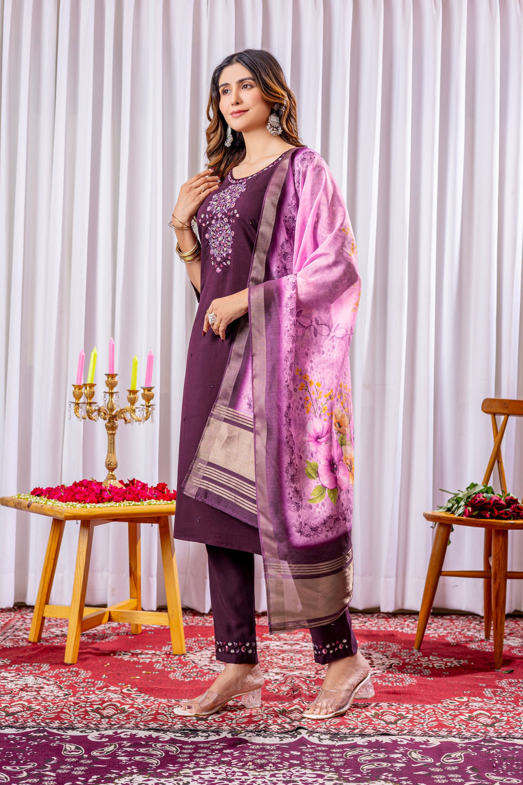 Wine Viscose Silk Embroidered Kurta Pant Set with Dupatta