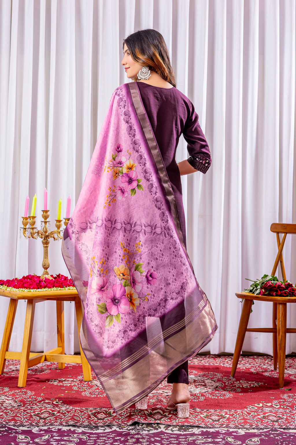 Wine Viscose Silk Embroidered Kurta Pant Set with Dupatta