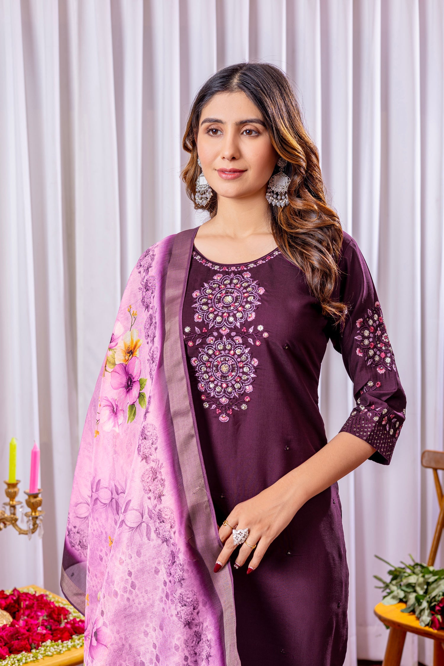 Wine Viscose Silk Embroidered Kurta Pant Set with Dupatta