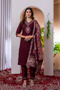 Lorenvalley Fashion Wine Marina Viscose Silk Embroidery Thread With Hand Work Kurta Pant Dupatta