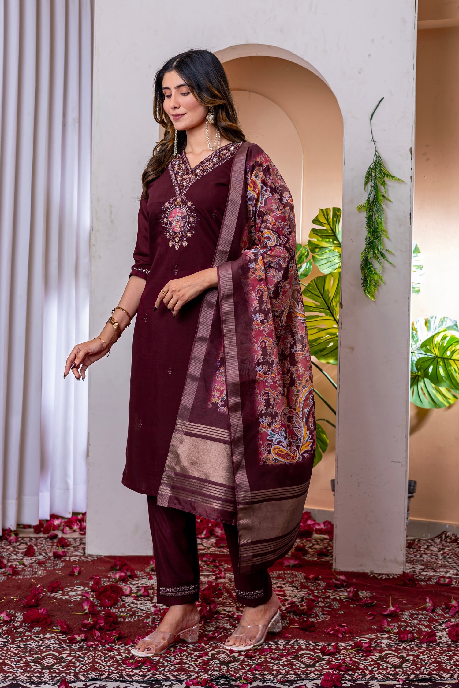 Lorenvalley Fashion Wine Marina Viscose Silk Embroidery Thread With Hand Work Kurta Pant Dupatta