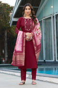 Elegant maroon viscose silk kurta pant set with intricate hand embroidery