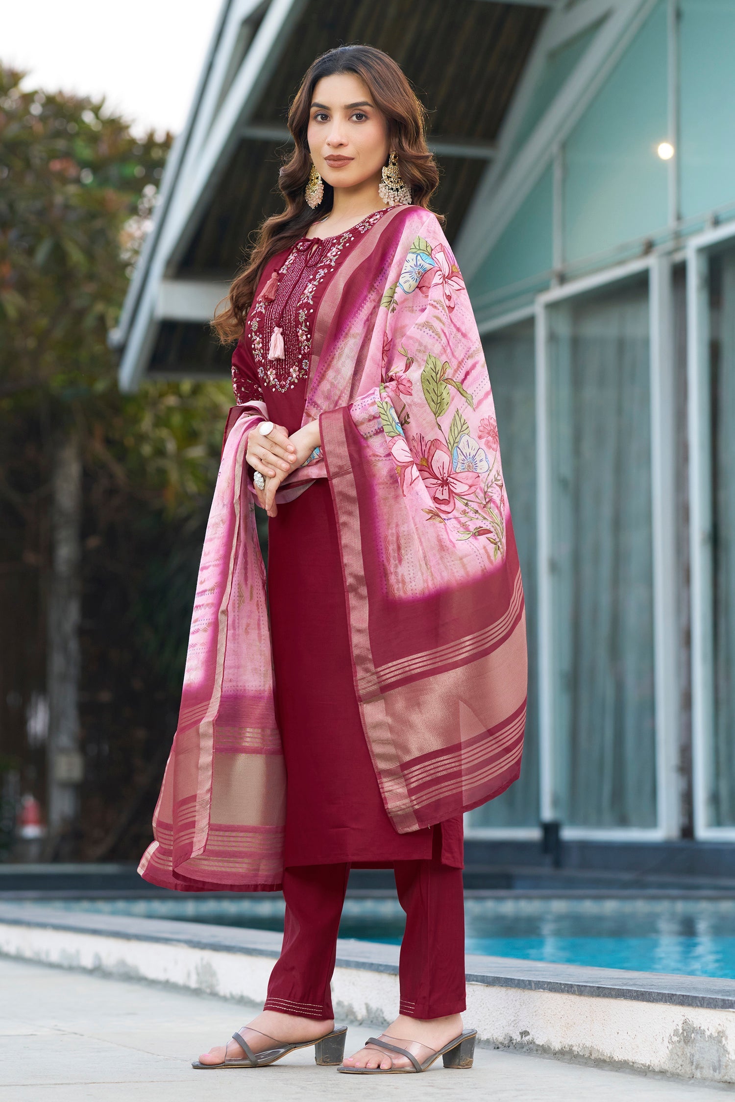 Maroon Viscose Silk Embroidered Kurta Pant Set with Dupatta