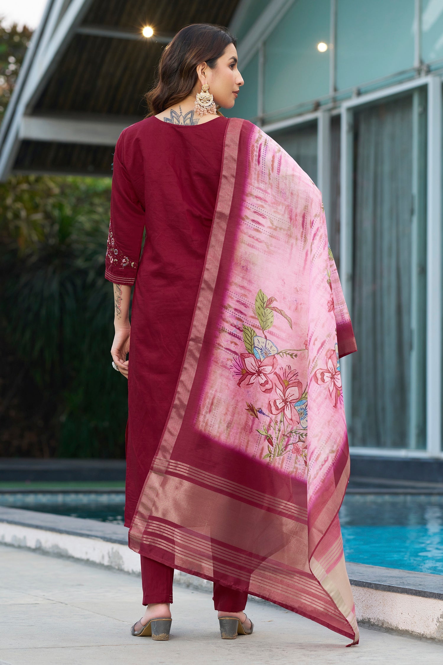 Maroon Viscose Silk Embroidered Kurta Pant Set with Dupatta