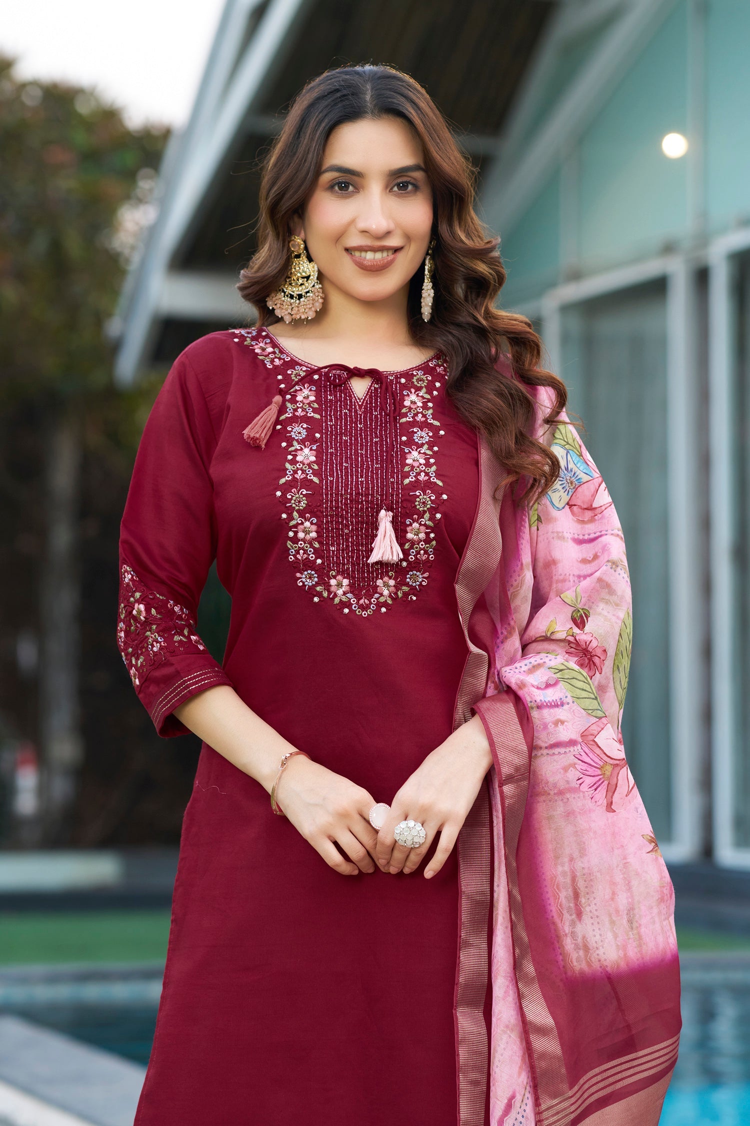Maroon Viscose Silk Embroidered Kurta Pant Set with Dupatta