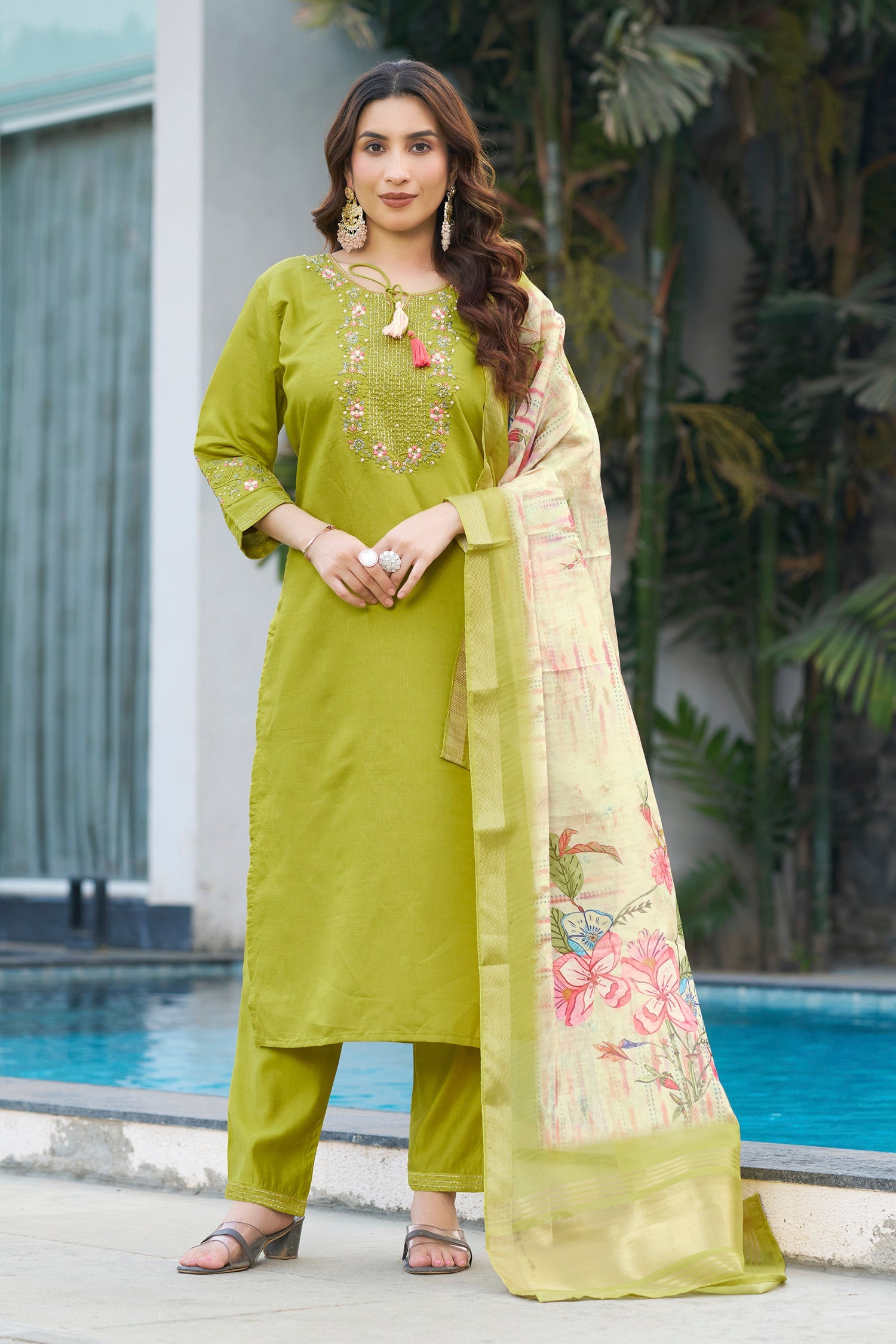 Lorenvalley Fashion Parrotgreen Viscose Silk Multi Embroidery Thread,With Hand Work Kurta Pant Dupatta