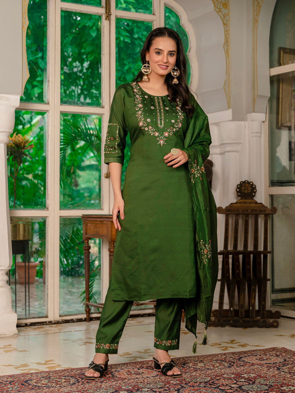Lorenvalley Fashion Green Marina Silk Multi Embroidery Thread,With Hand Work Kurta Pant Dupatta