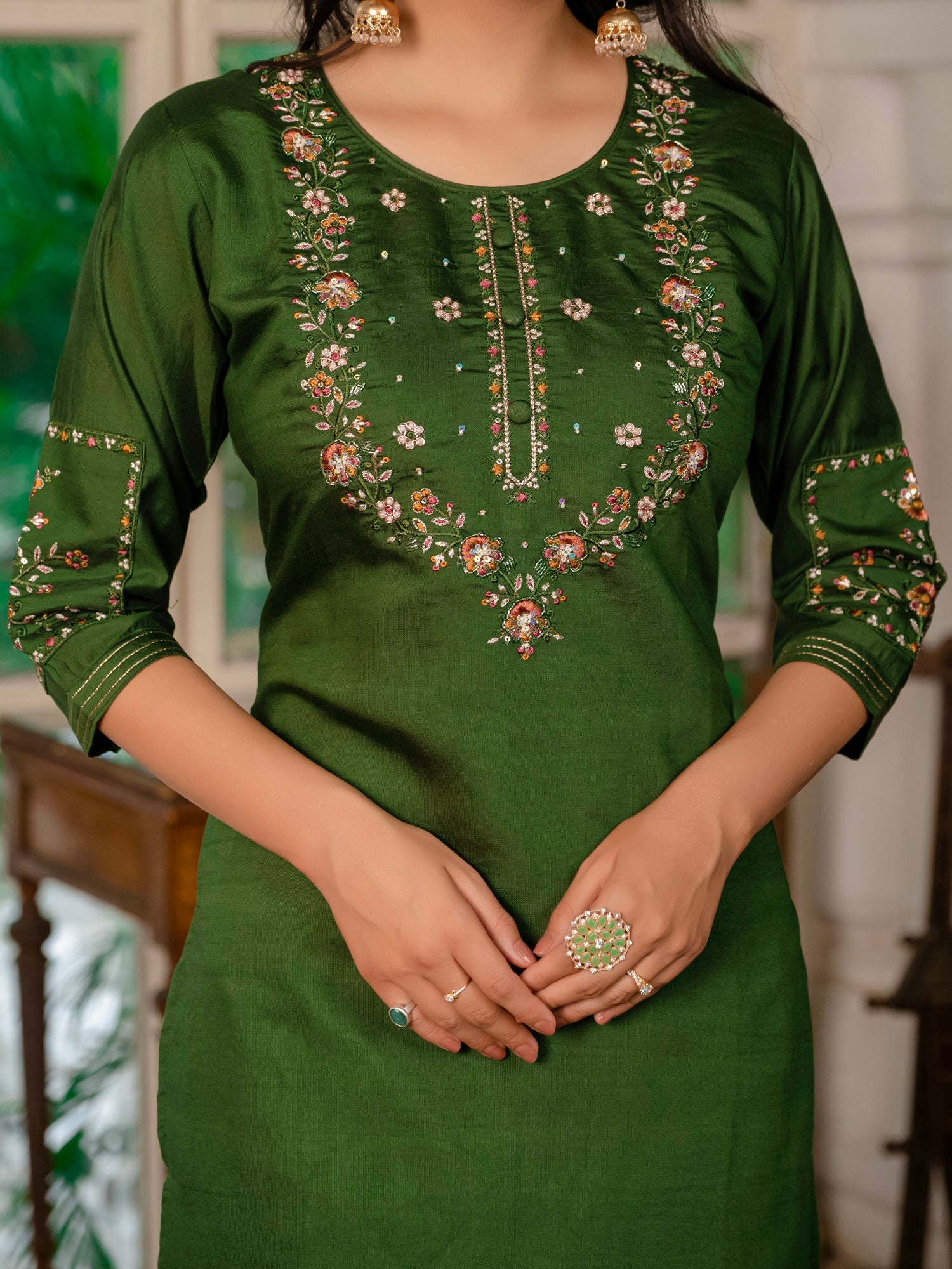 Lorenvalley Fashion Green Marina Silk Multi Embroidery Thread,With Hand Work Kurta Pant Dupatta