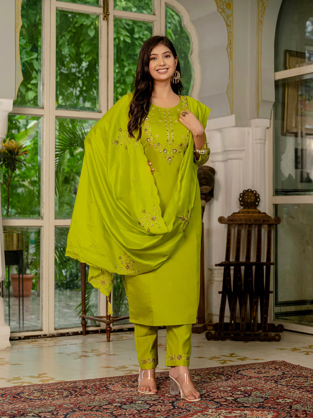 Lorenvalley Fashion Parrotgreen Marina Silk Multi Embroidery Thread,With Hand Work Kurta Pant Dupatta