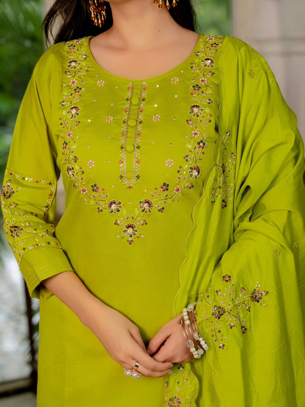 Lorenvalley Fashion Parrotgreen Marina Silk Multi Embroidery Thread,With Hand Work Kurta Pant Dupatta