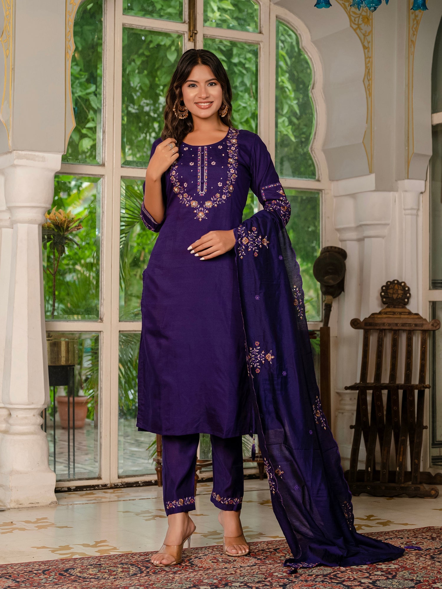 Wine Marina silk kurta pant set with multi-thread hand work and dupatta