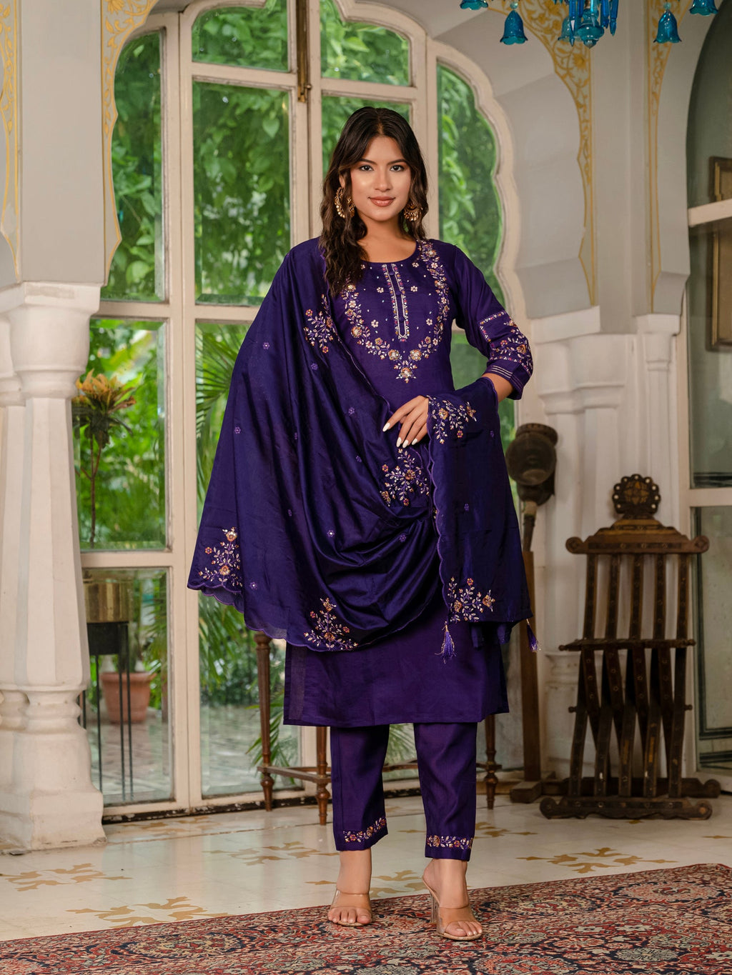 Wine Marina Silk Embroidered Kurta Pant Set with Dupatta