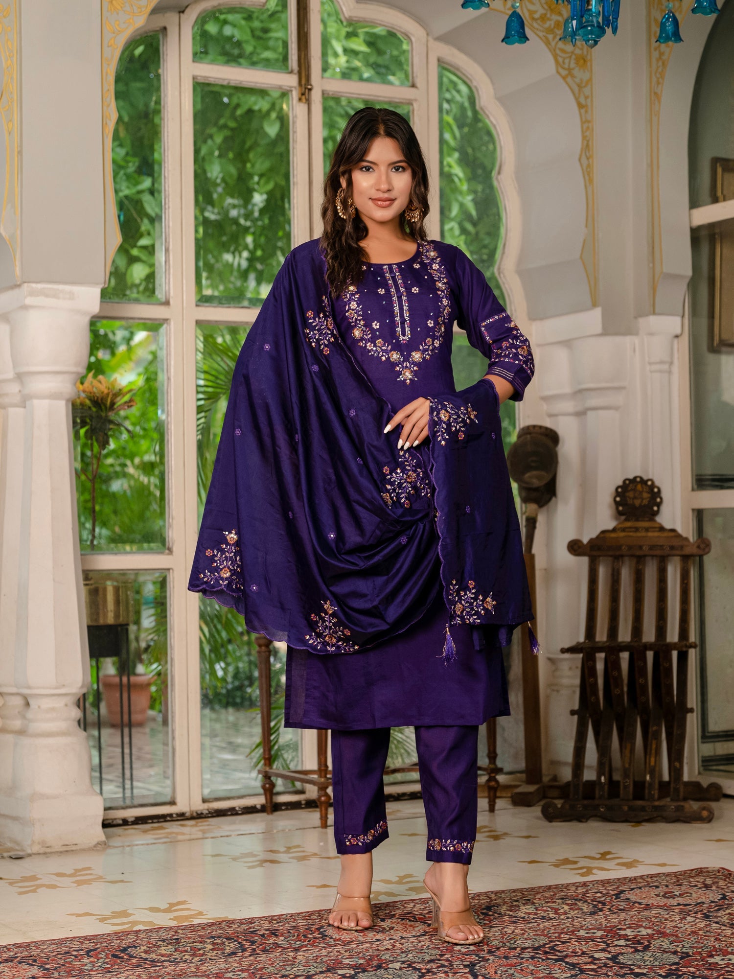 Wine Marina Silk Embroidered Kurta Pant Set with Dupatta
