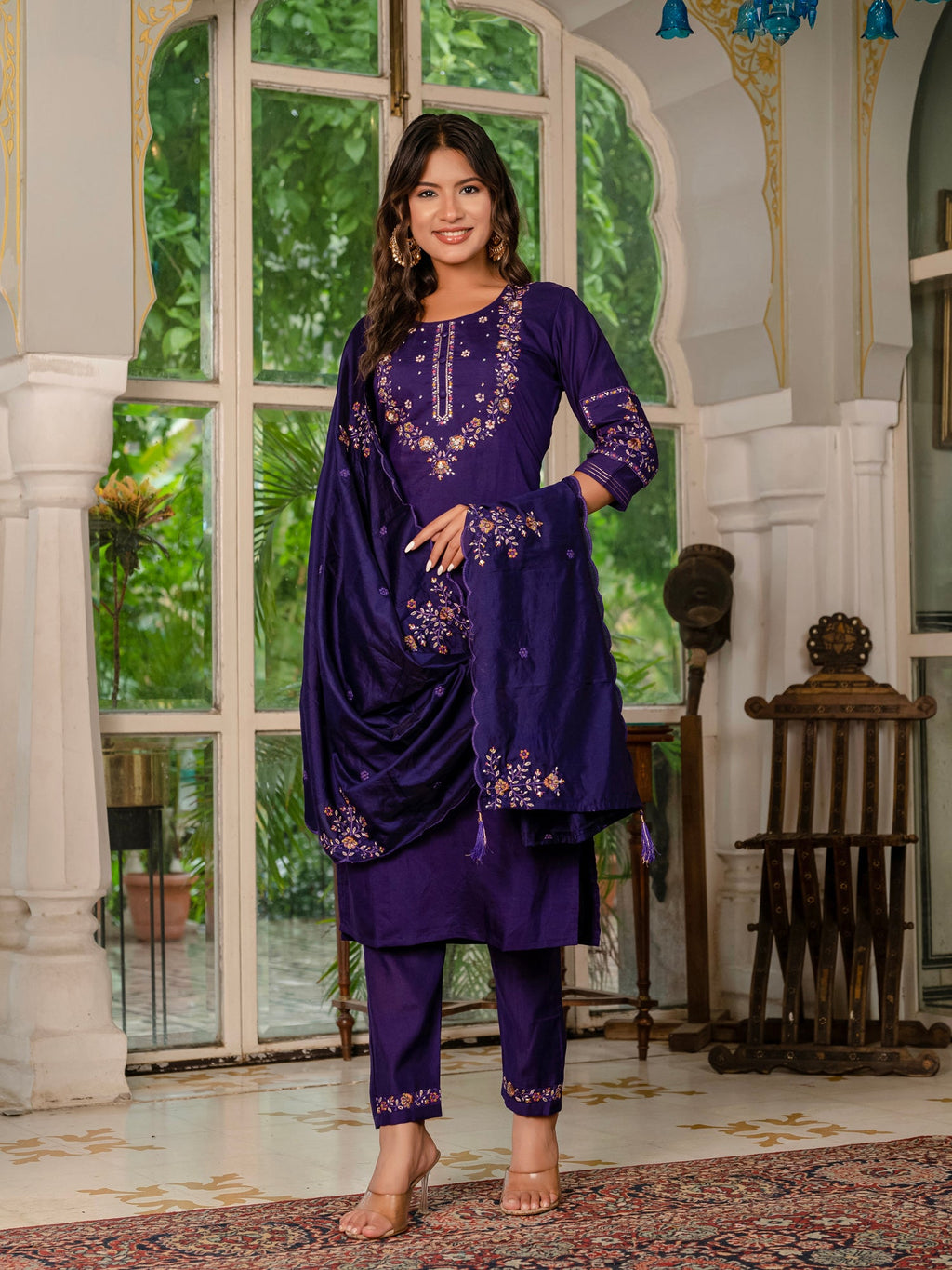 Wine Marina Silk Embroidered Kurta Pant Set with Dupatta