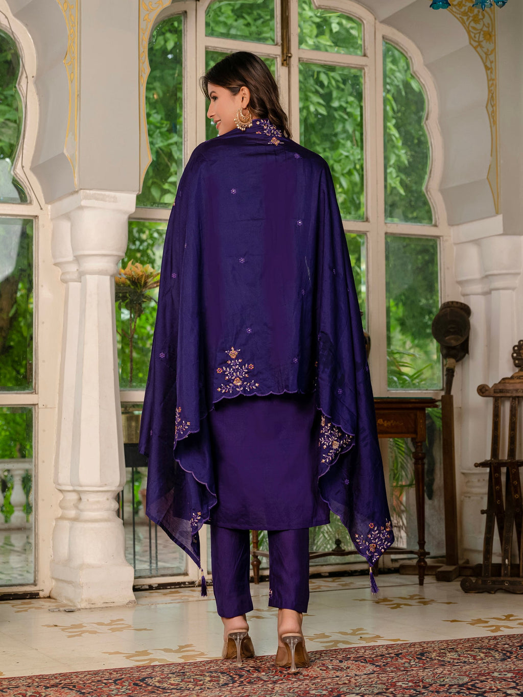 Wine Marina Silk Embroidered Kurta Pant Set with Dupatta
