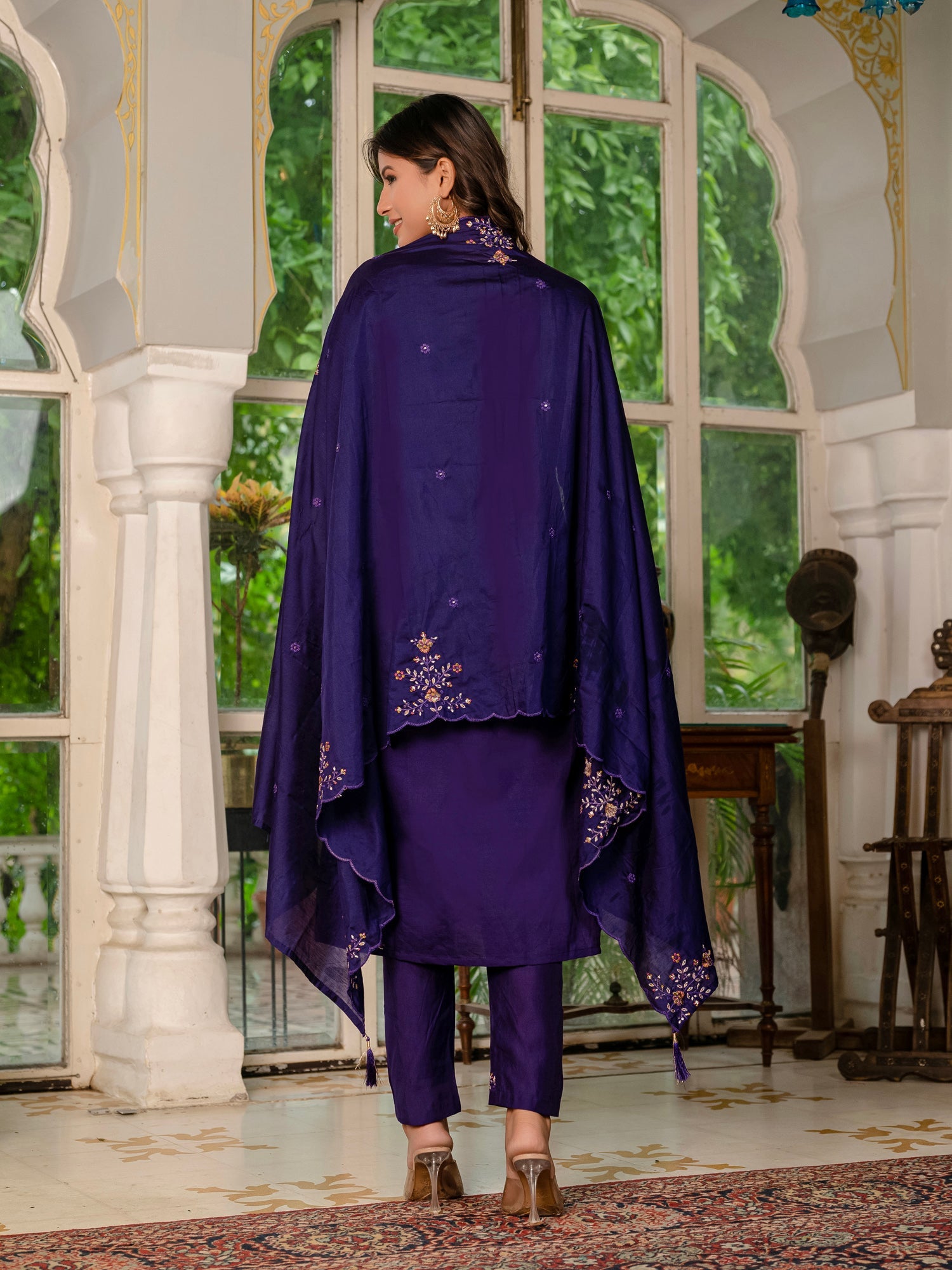 Wine Marina Silk Embroidered Kurta Pant Set with Dupatta