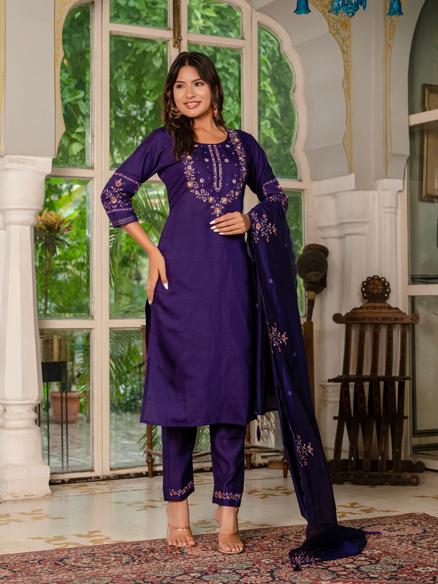 Wine Marina Silk Embroidered Kurta Pant Set with Dupatta