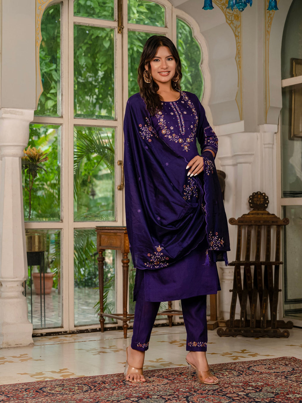 Wine Marina Silk Embroidered Kurta Pant Set with Dupatta