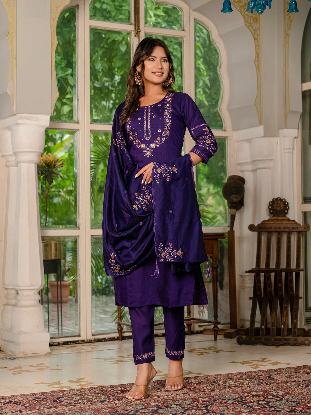 Wine Marina Silk Embroidered Kurta Pant Set with Dupatta