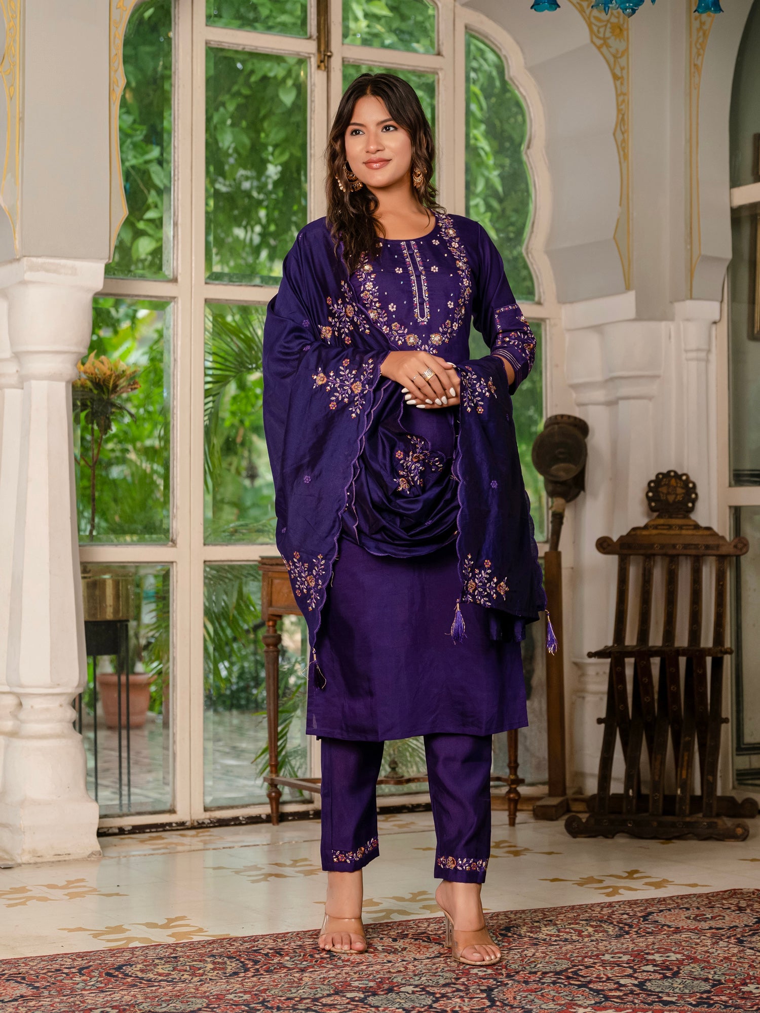 Wine Marina Silk Embroidered Kurta Pant Set with Dupatta