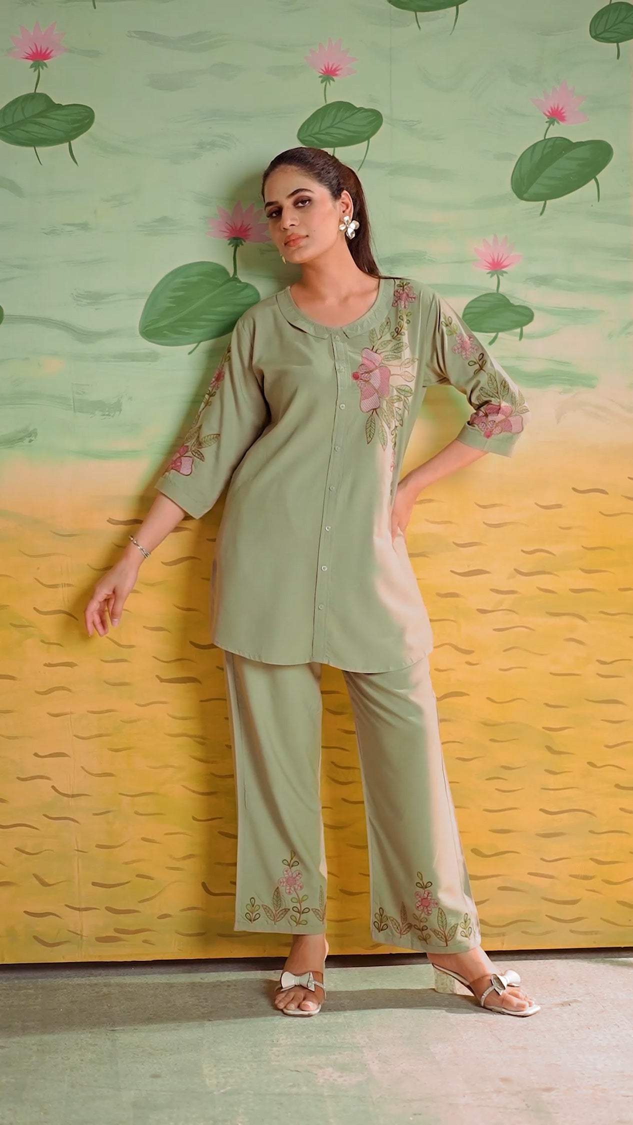 Green Heavy Rayon Co-Ords Set with Multi Embroidery Thread Work