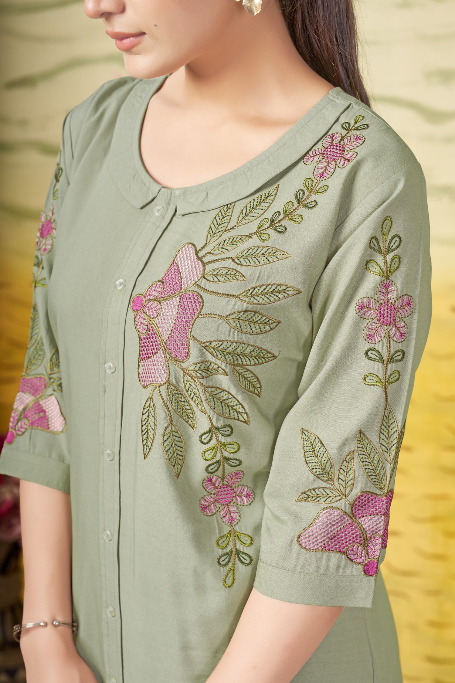 Green Heavy Rayon Co-Ords Set with Multi Embroidery Thread Work