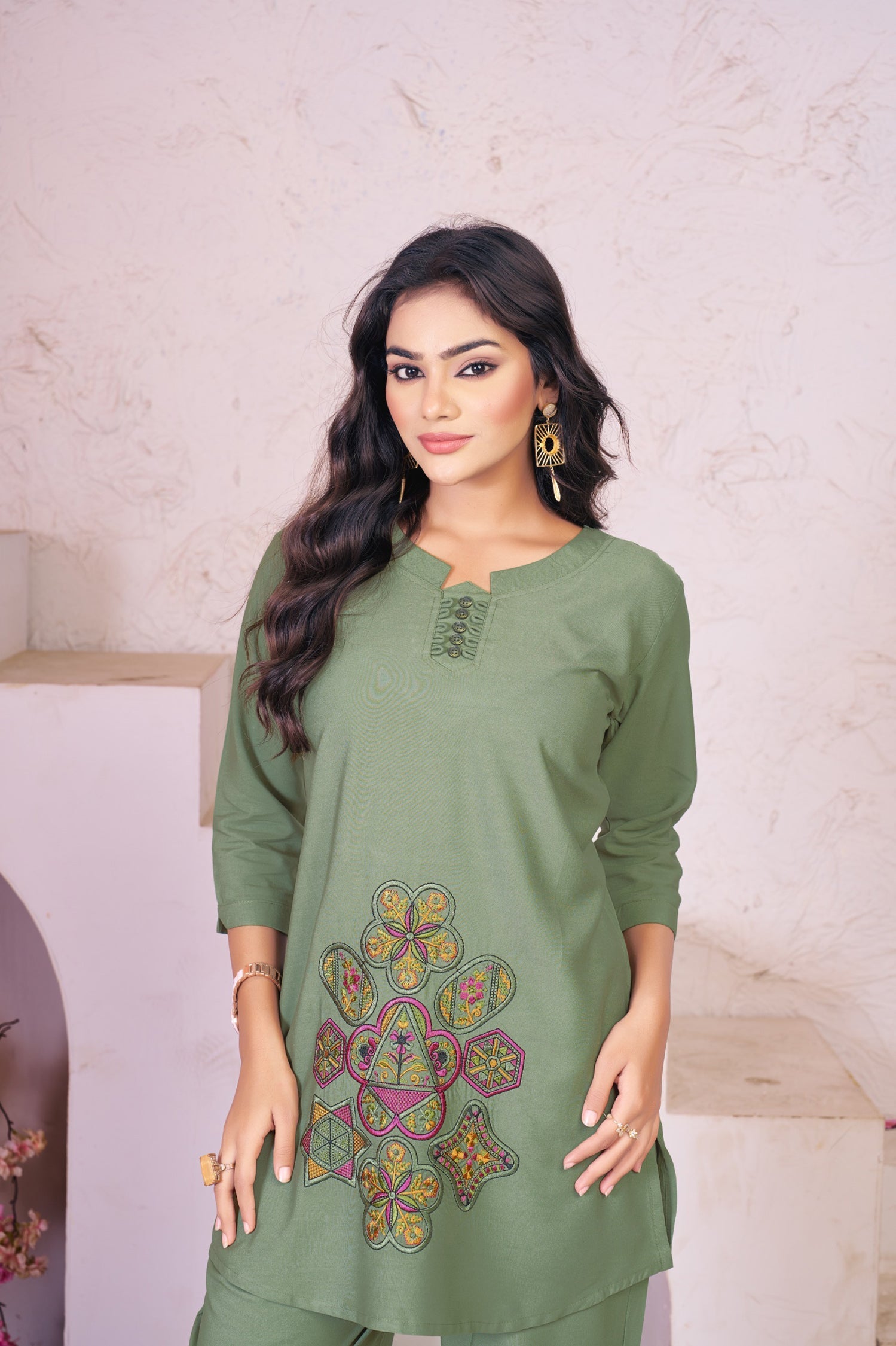 Lorenvalley Fashion Green Heavy Rayon Multi Embroidery Thread Work Co-Ords Set
