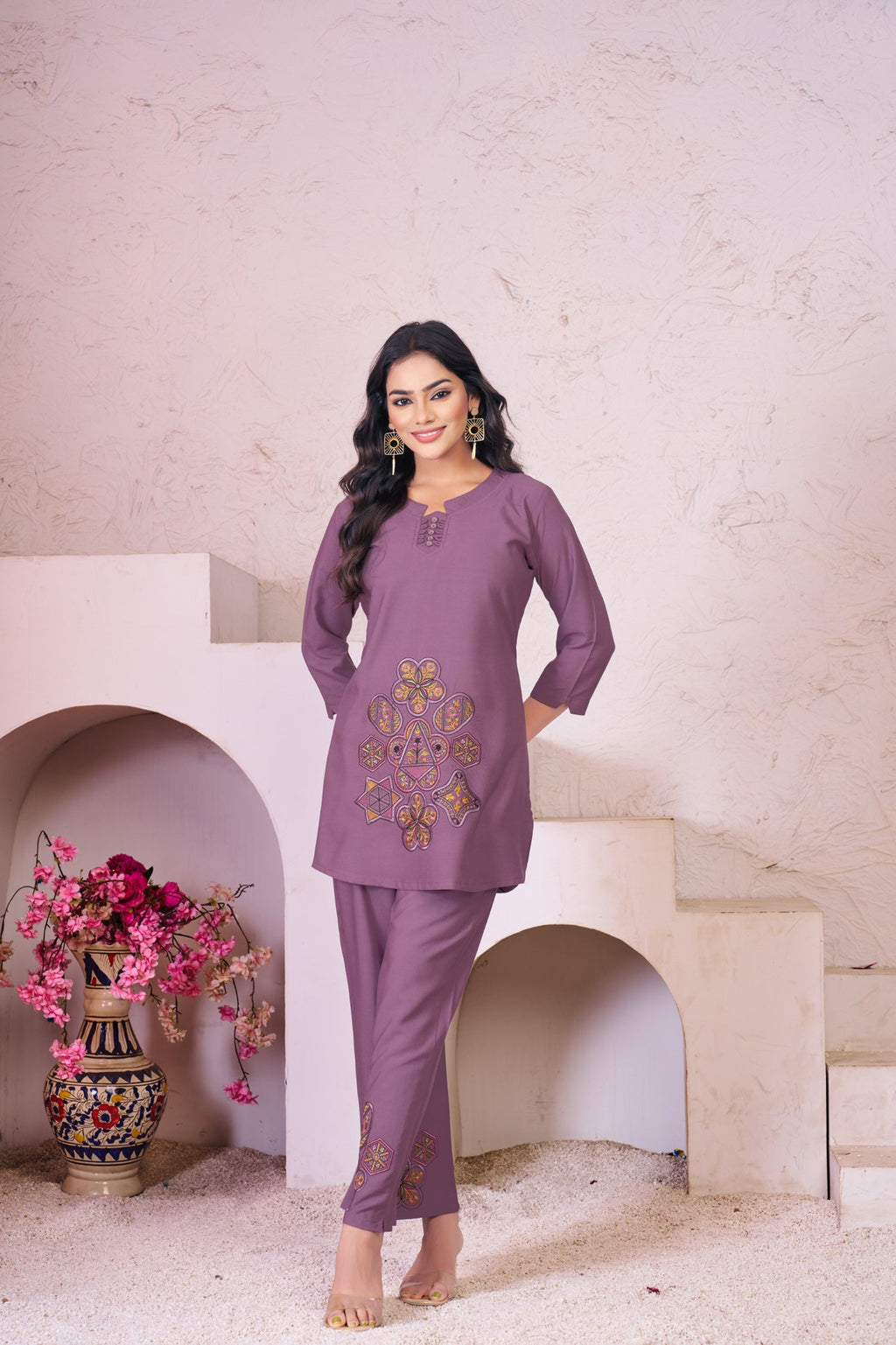 Lavender heavy rayon co-ord set with detailed multi-thread embroidery