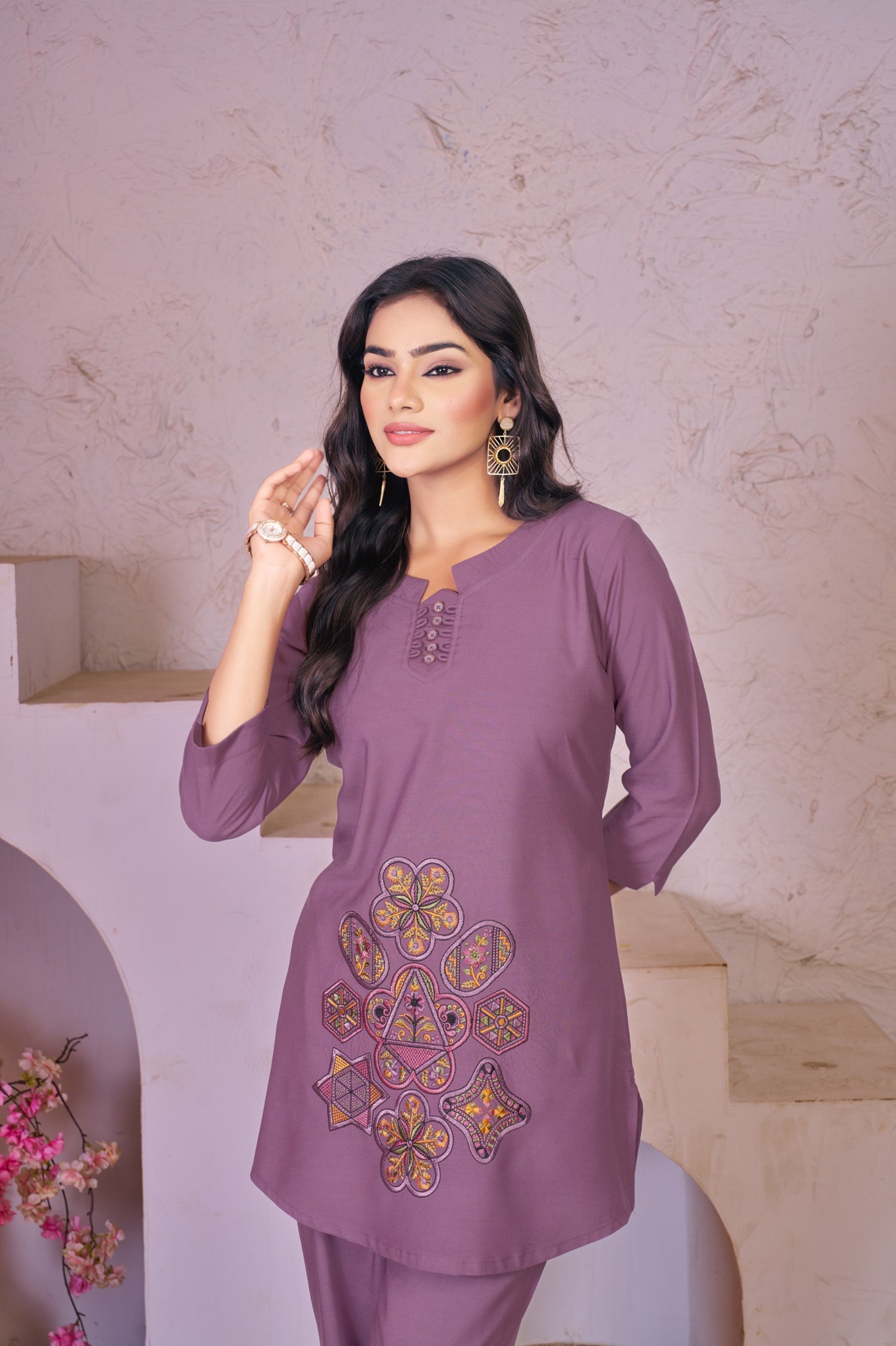 Lavender Heavy Rayon Embroidered Co-Ord Set with Thread Work