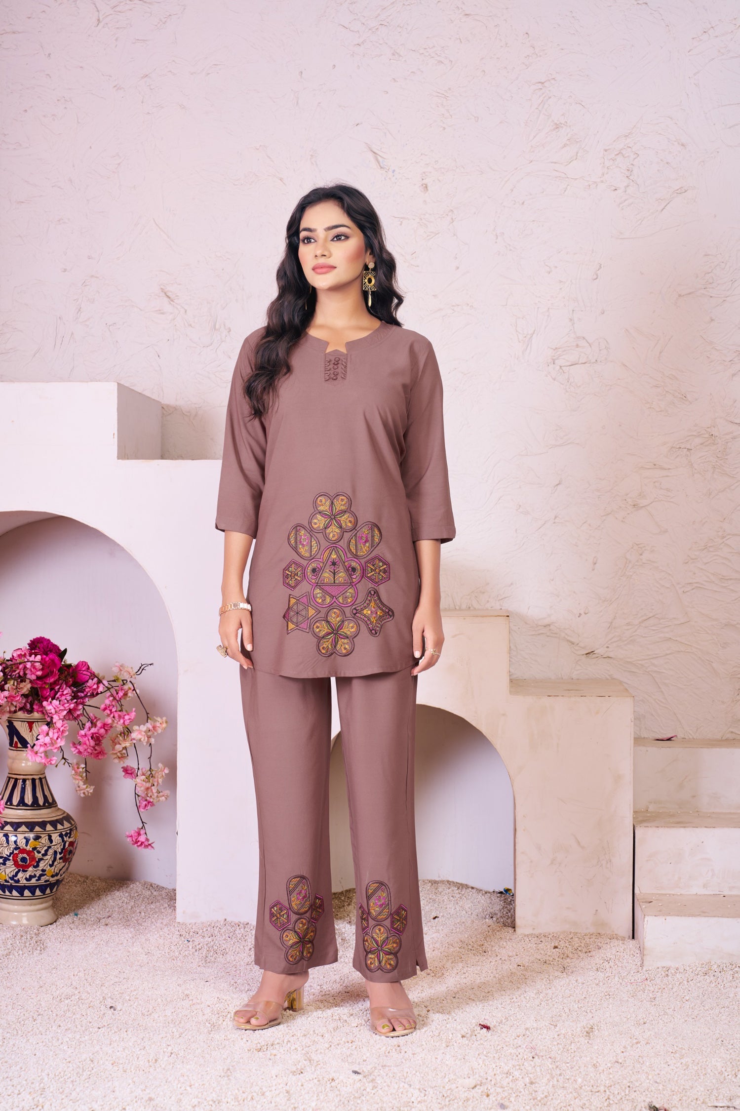 Lorenvalley Fashion Onion Heavy Rayon Multi Embroidery Thread Work Co-Ords Set