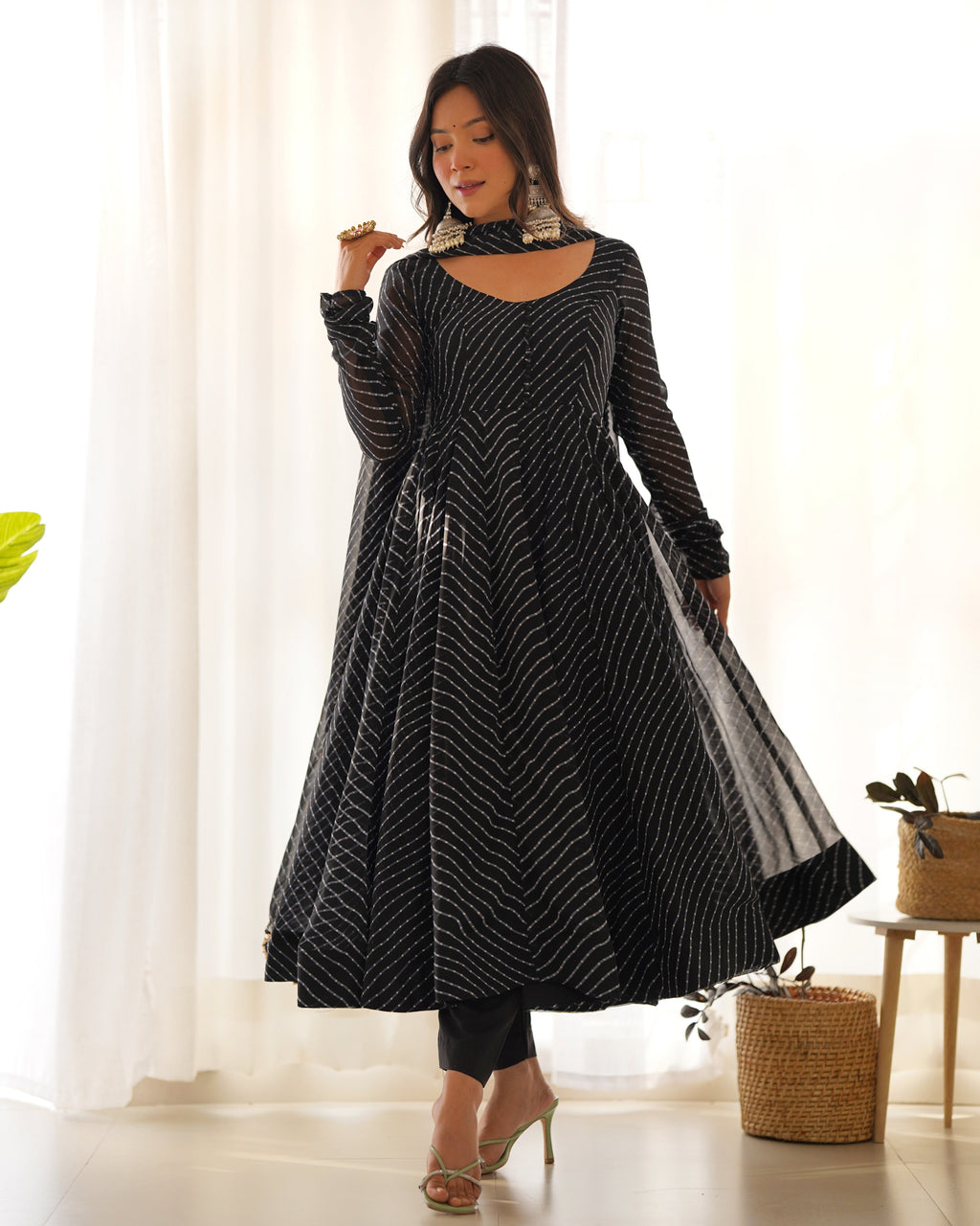 Black Leheriya print faux georgette Anarkali kurta set with dupatta and churidar sleeves