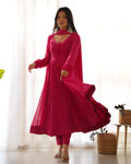 Magenta Faux Georgette Anarkali Kurta with Leheriya print, potli buttons, and dupatta set