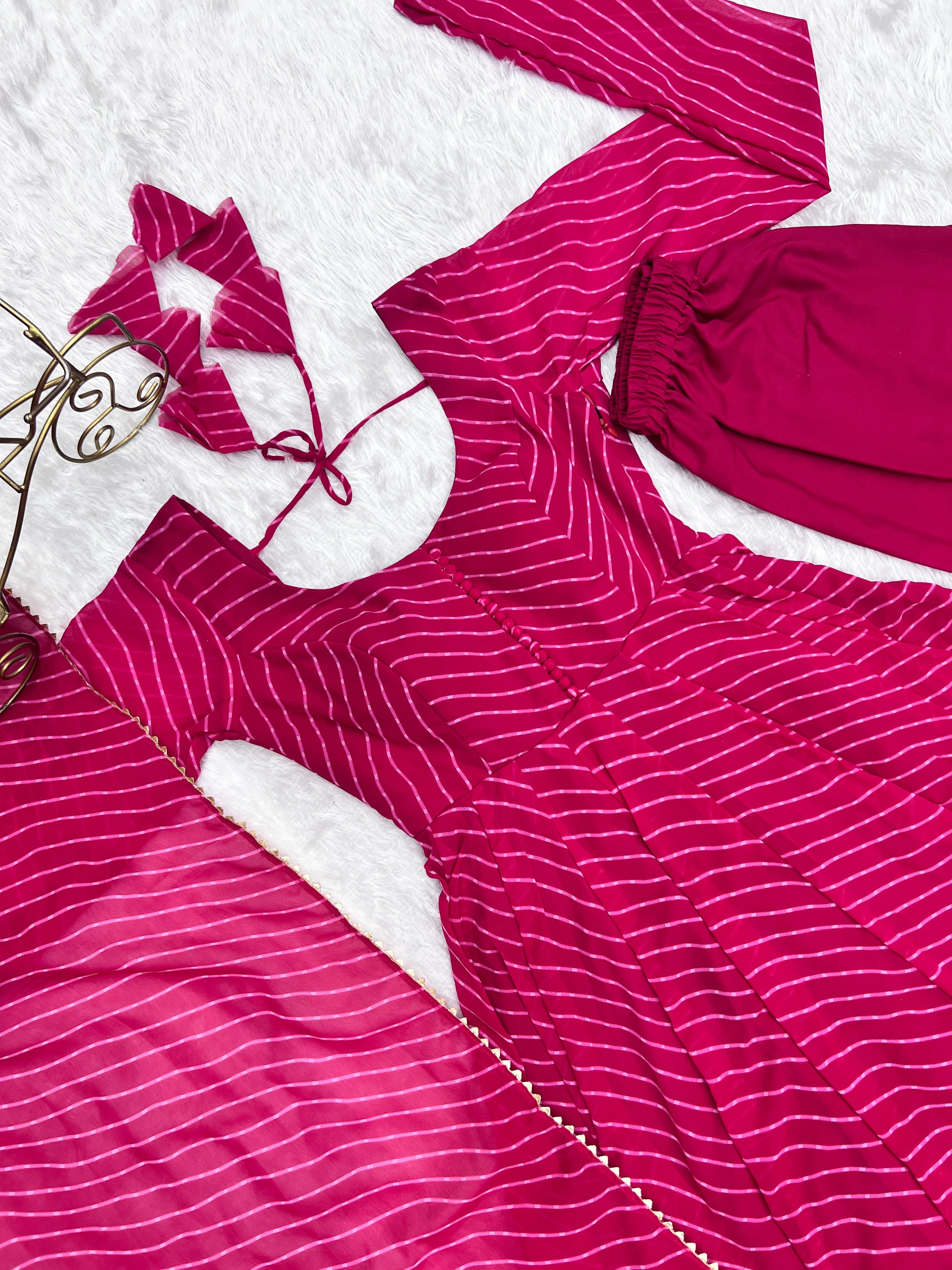 Magenta Pure Faux Georgette Laheriya Print Anarkali Kurta Pant Set